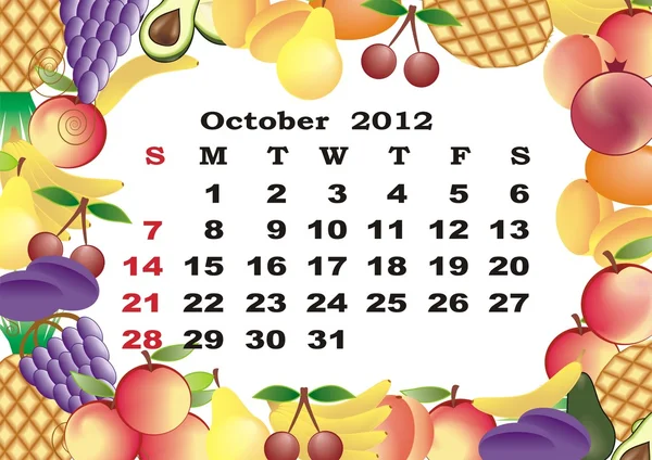 Octobre - calendrier mensuel 2012 dans un cadre coloré — Image vectorielle