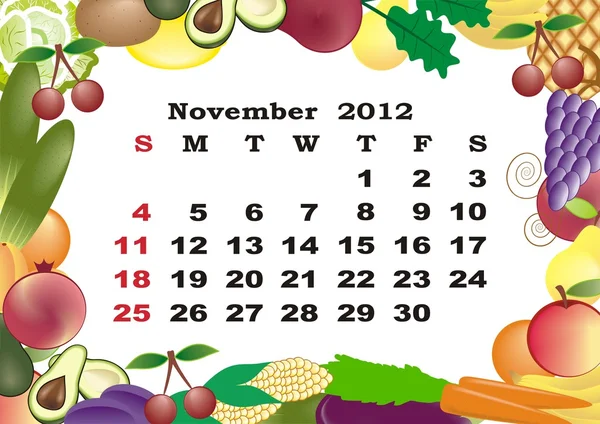 Noviembre - calendario mensual 2012 en marco colorido — Archivo Imágenes Vectoriales