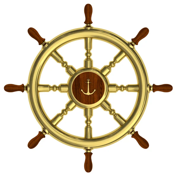 Roda náutica dourada isolada sobre branco — Fotografia de Stock