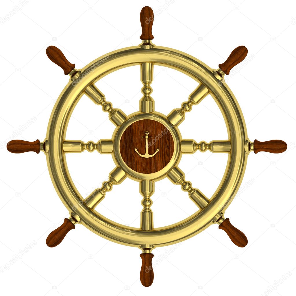 Golden nautical wheel isolated on white