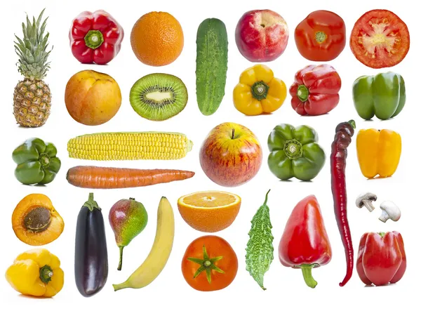 Набір фруктів і овочів на білому — стокове фото