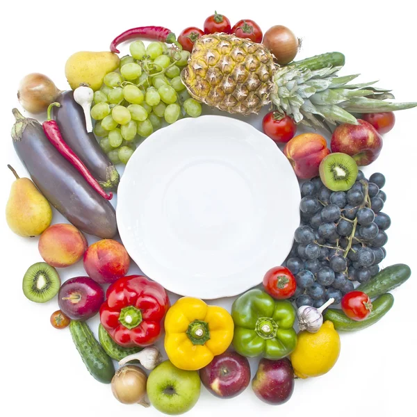 El grupo de verduras y frutas con plato —  Fotos de Stock