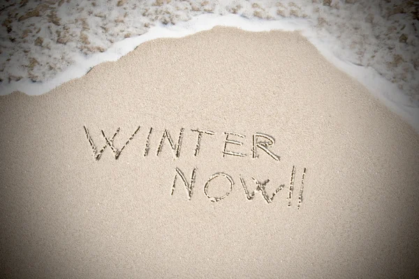 "Winter now!" written in the sand — Stock Photo, Image