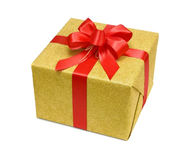 Gold gift box with smart red bow — Stock Photo, Image