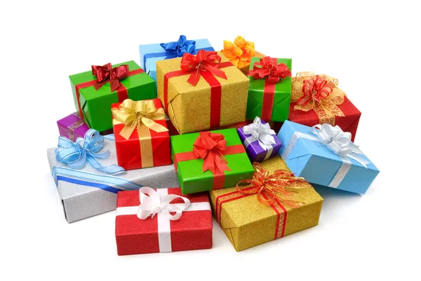 Feliz pila de cajas de regalo colorido — Stockfoto