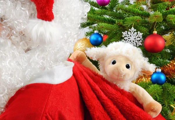 Süßes Stofftier in der Tasche des Weihnachtsmannes — Stockfoto