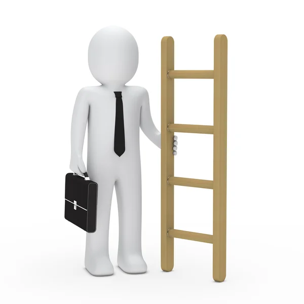 3D χαρτοφύλακα άνθρωπος των επιχειρήσεων κατέχει μια σκάλα — Φωτογραφία Αρχείου