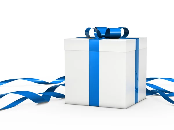 礼品盒白色蓝色丝带 — 图库照片