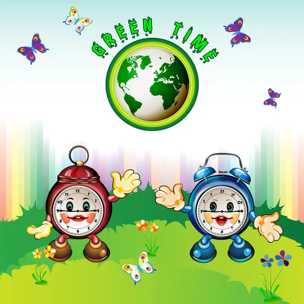 Tierra verde con relojes de dibujos animados — Vector de stock