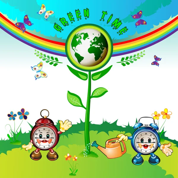 Eco Earth mit Cartoon-Uhren — Stockvektor