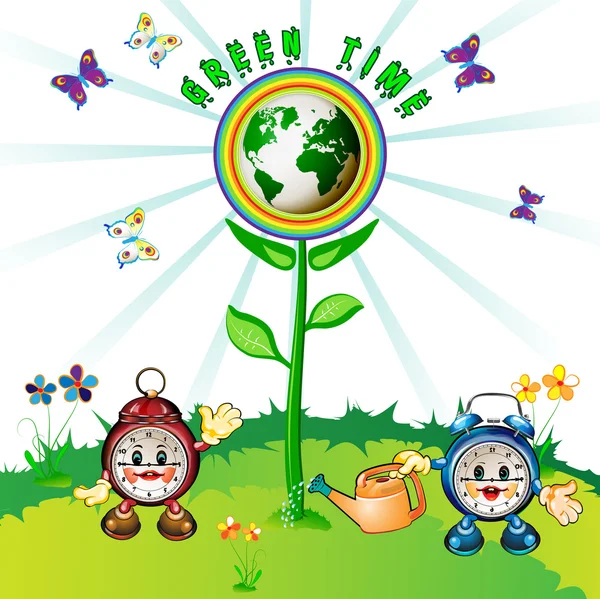 Eco Earth mit Cartoon-Uhren — Stockvektor
