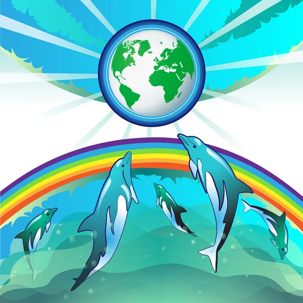 Menyelam lumba-lumba dengan Bumi Hijau - Stok Vektor