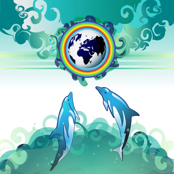 Dykning delfiner med blå jord — Stock vektor