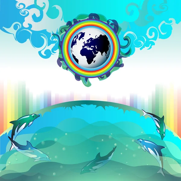 Delfín de buceo con Tierra Azul — Vector de stock