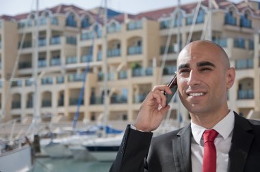 Business Man on the phone at the Marina clipart