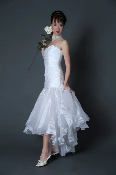La novia feliz con una rosa blanca —  Fotos de Stock