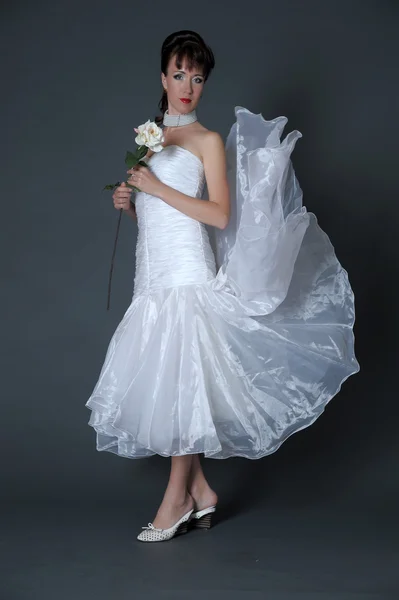 La novia feliz con una rosa blanca — Foto de Stock
