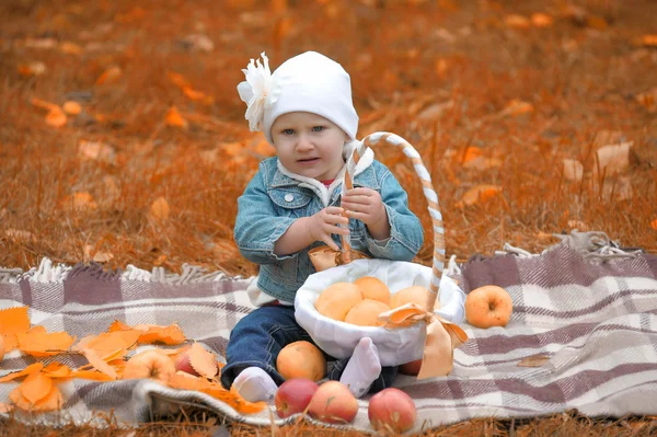 लहान मुलगी सफरचंद एक टोपली बसतो — स्टॉक फोटो, इमेज