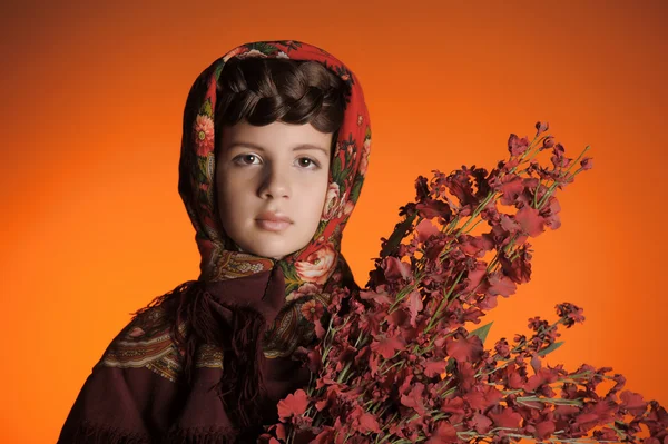 Dívka s kosou v ruské šál — Stock fotografie