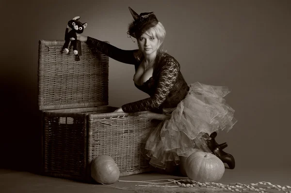 Witch with cat and pumpkin — Stock Photo, Image