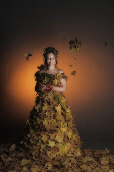 在一件衣服从秋天的女人叶 — 图库照片