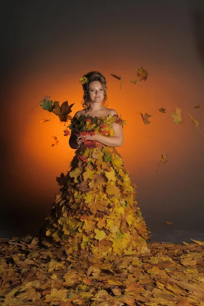 Žena v šatech z podzimní listí — Stock fotografie