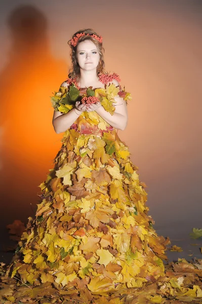 The woman in a dress from autumn leaves — Stok fotoğraf
