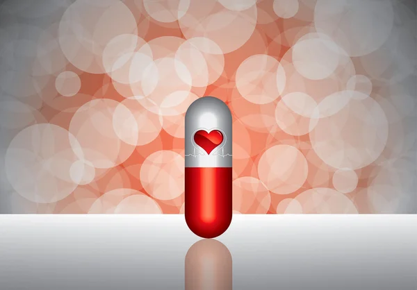 Красная таблетка и символ сердцебиения на отражающей поверхности — стоковый вектор