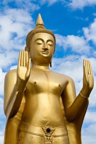 Zlatý stojící socha Buddhy uvnitř chrámu v ubonratchathani — Stock fotografie