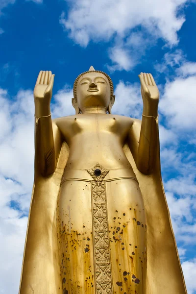 Estátua de Buda em pé dourado dentro de um templo em Ubonratchathani — Fotografia de Stock