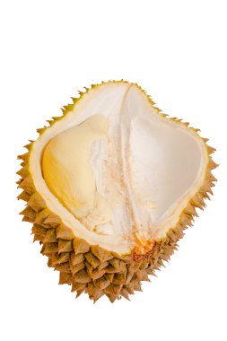 Beyaz arka plan üzerinde izole soyulmuş durian, yakın çekim.