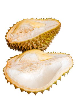 Beyaz arka plan üzerinde izole soyulmuş durian, yakın çekim.