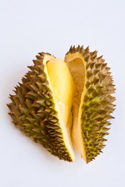 Beyaz arka plan üzerinde izole soyulmuş durian, yakın çekim.