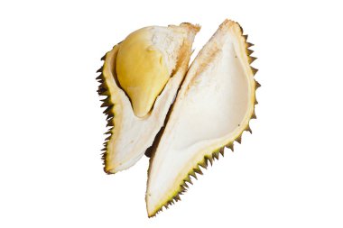 Beyaz arka plan üzerinde izole soyulmuş durian, yakın çekim.