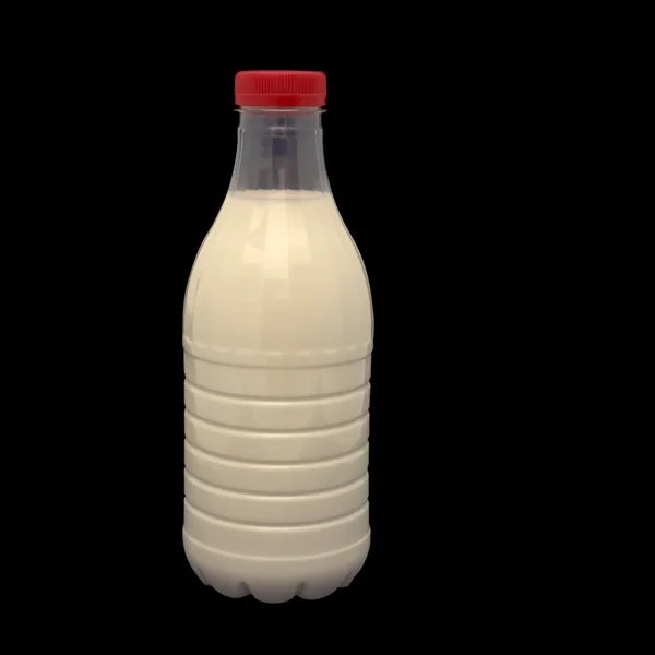 Fles met melk geïsoleerd op zwart. — Stockfoto