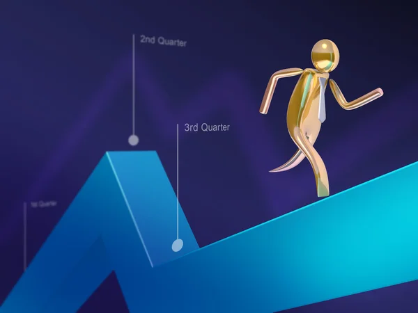 Golden stickman running on a line chart — Stock Photo, Image