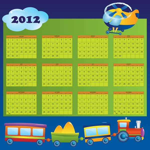 Calendar 2012 year for children. First day of week beginning on — Stock Vector
