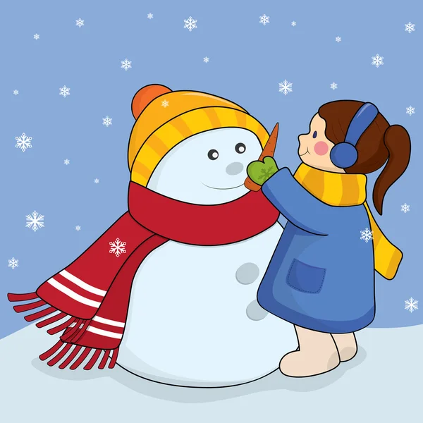 Menina com boneco de neve — Vetor de Stock