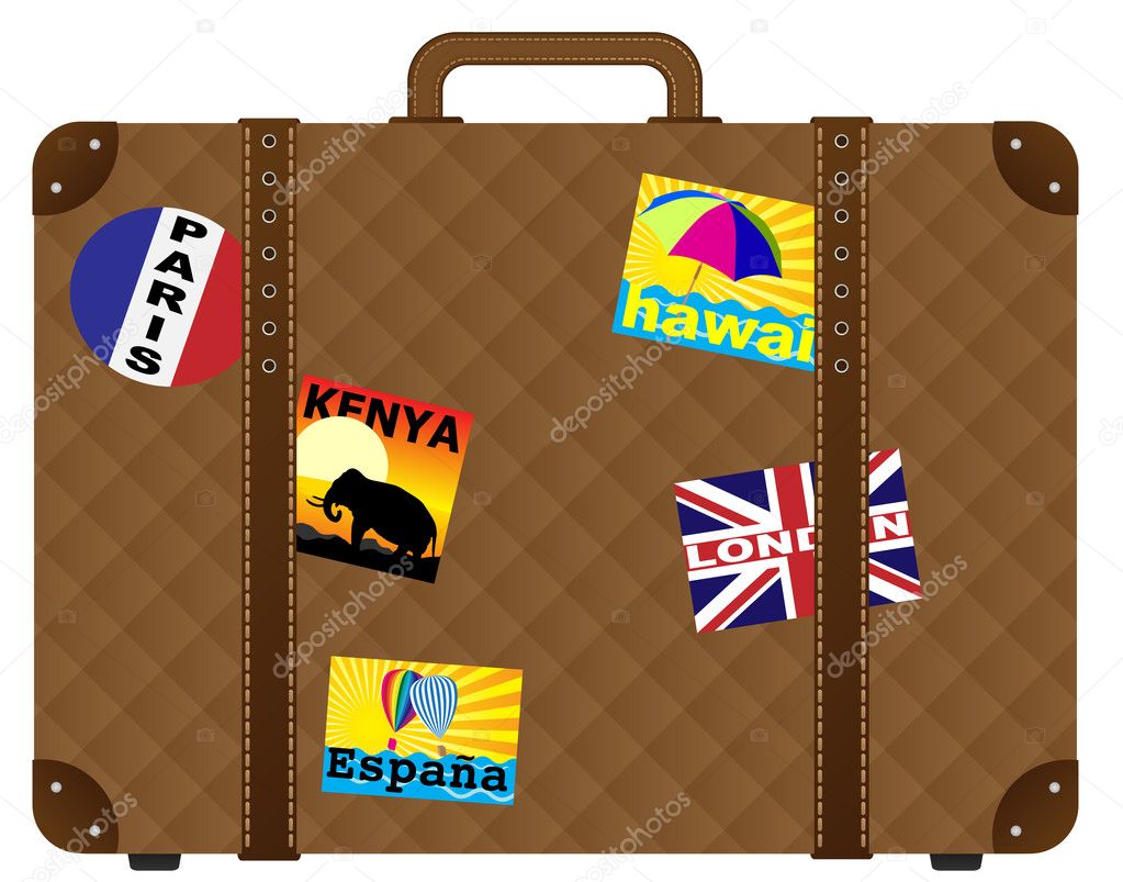 Old Suitcase Baggage With Travel Stickers Isolated On White