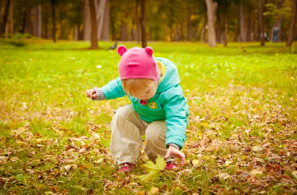 Bonito criança andando no parque de outono — Fotografia de Stock
