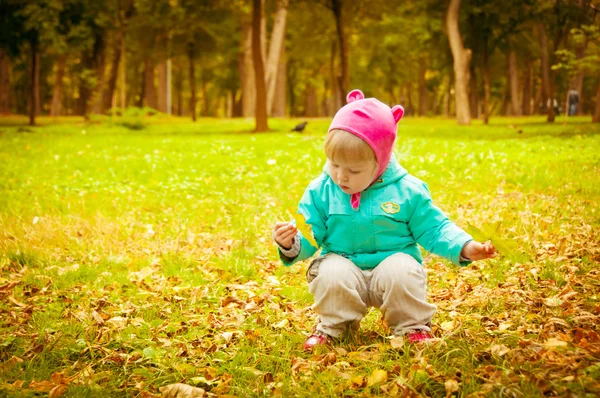 Carino camminare bambino nel parco autunnale — Foto Stock