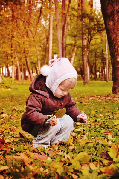 Kind geht im Herbstpark spazieren — Stockfoto