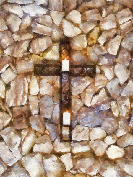 Christliches Kreuz mit Kerzen Ölgemälde — Stockfoto