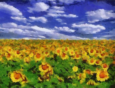 Vector Sunflower field under blue sky background painting clipart