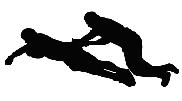 Спортивный силуэт - Игрок в регби ныряет на испытательную линию с Tackler — стоковый вектор