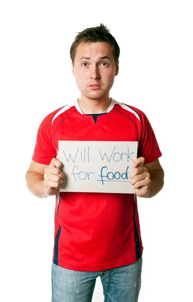 Homem com sinal trabalho doente para comida — Fotografia de Stock