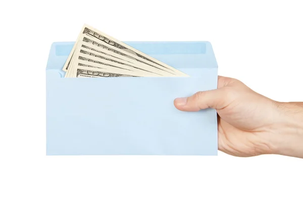 Hand and money in blue envelope — Stock Photo, Image