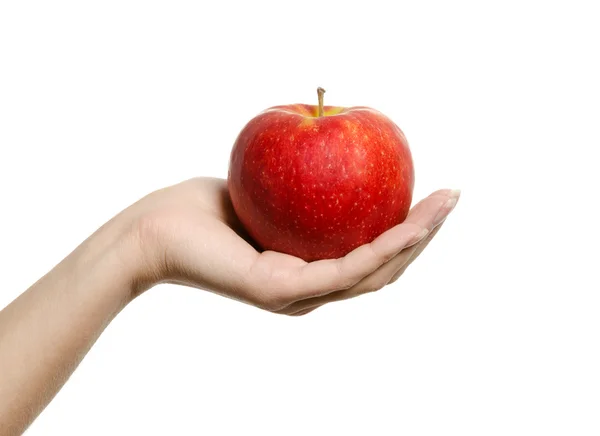 Ruka drží a ukazuje ideální červené jablko — Stock fotografie