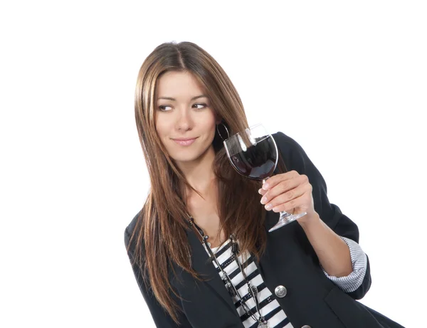 Degustazione donna bevendo vino rosso — Foto Stock