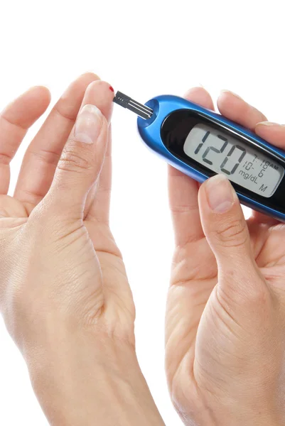 Diabetic patient measuring glucose level blood test — Stock Photo, Image